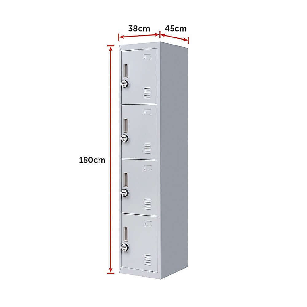 4-door vertical locker dimensions: 180cm height, 38cm width, 45cm depth, ideal for affordable storage solutions.