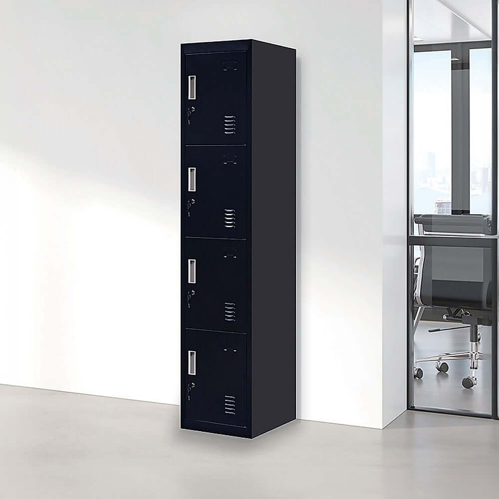 Affordable 4-door vertical locker for office, gym, or school, offering quality storage for personal belongings.