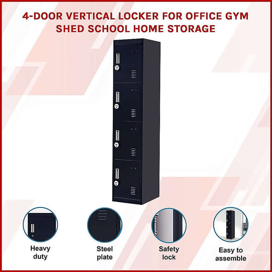 4-door vertical locker for office, gym, shed, or school. Affordable, quality storage solution with safety locks.