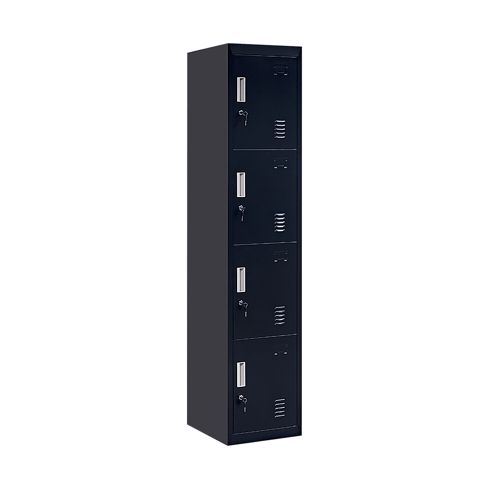 4-door vertical locker in black for office, gym, or school storage, affordable and quality design for personal belongings.