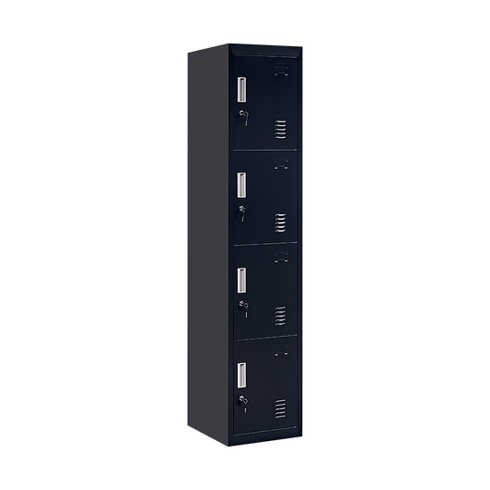 4-door vertical locker in black for office, gym, or school storage, affordable and quality design for personal belongings.