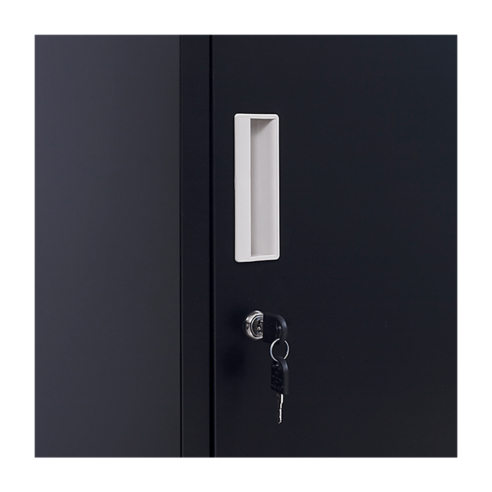 Close-up of a sleek black 4-door storage locker with a keyhole and label holder, ideal for affordable personal storage.