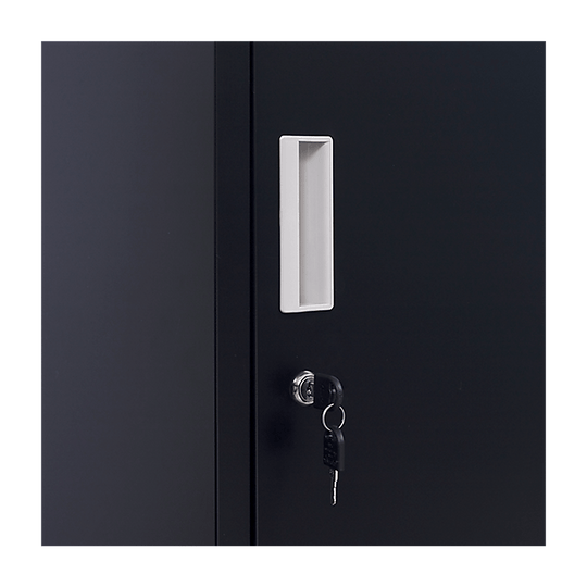 Close-up of a sleek black 4-door storage locker with a keyhole and label holder, ideal for affordable personal storage.