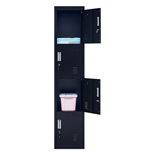 4-Door vertical storage locker for affordable office, gym, or school use, featuring quality design and multiple compartments.