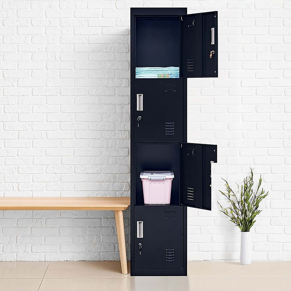 Affordable 4-door vertical locker for office, gym, or school storage. Slim design with quality locking system.