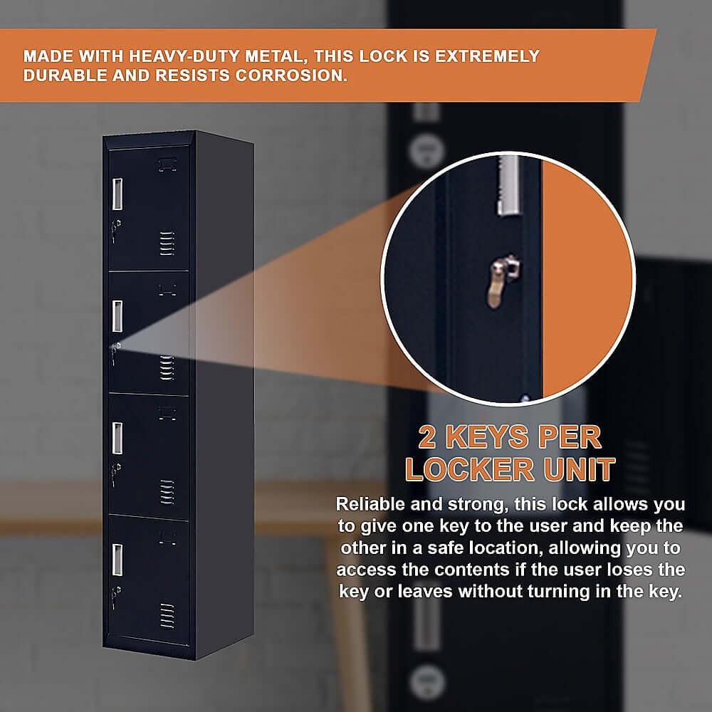 Durable 4-door locker with heavy-duty lock and 2 keys per unit for secure personal storage in office or gym.