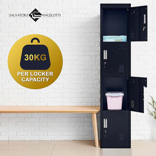 4-Door vertical locker with 30kg capacity, perfect for office, gym, school, offering affordable storage solutions.