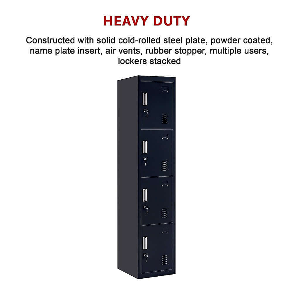 Heavy duty 4-door vertical locker made of solid cold-rolled steel, ideal for affordable storage in offices or schools.