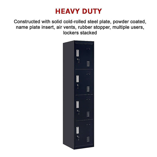 Heavy duty 4-door vertical locker made of solid cold-rolled steel, ideal for affordable storage in offices or schools.