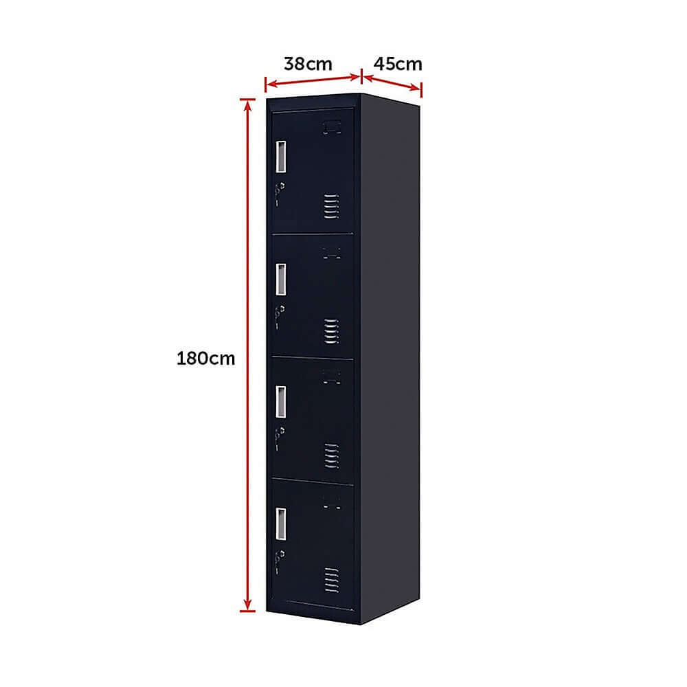 4-door vertical locker measuring 180cm tall, 45cm wide, and 38cm deep, ideal for office and school storage.