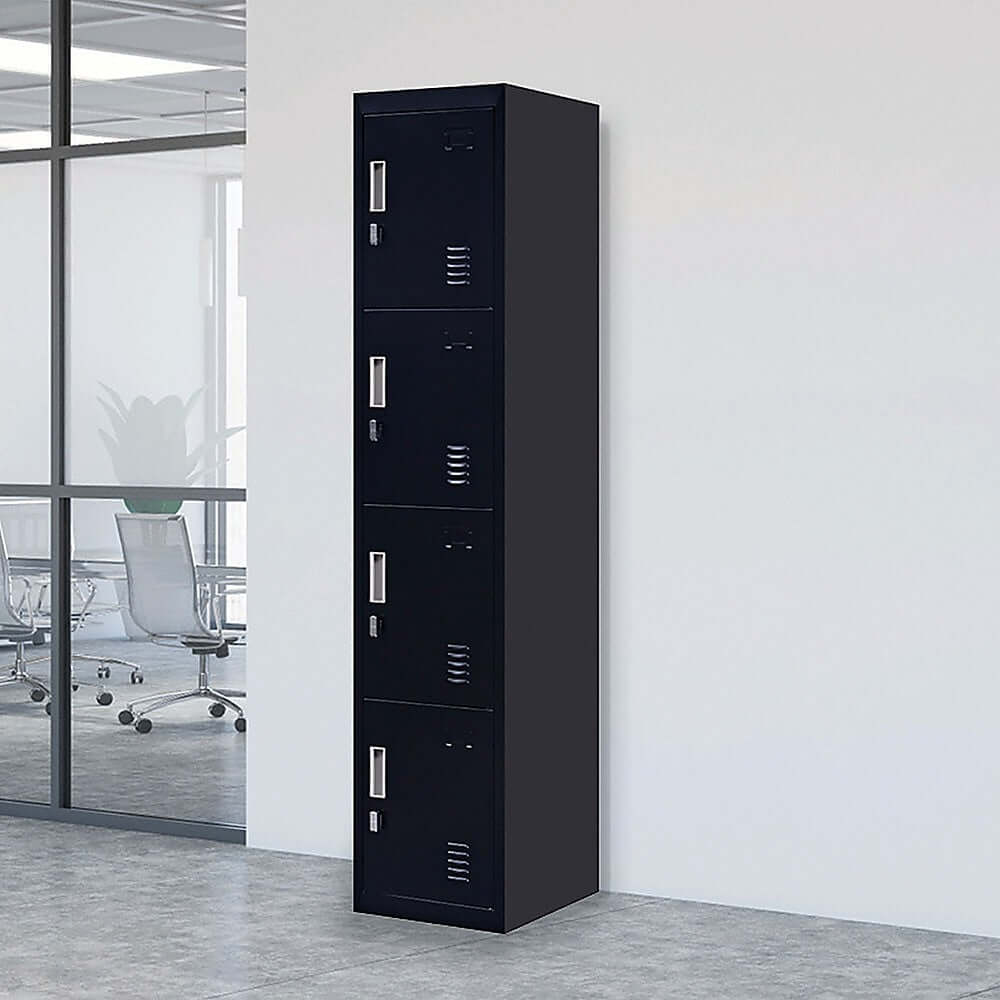 Affordable 4-door vertical locker for office, gym, or school storage; quality design for personal belongings.