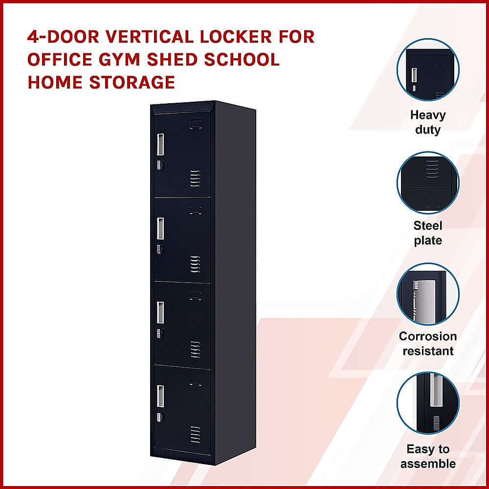 4-door vertical locker for office, gym, or school; heavy duty, steel plate, corrosion-resistant, easy to assemble.