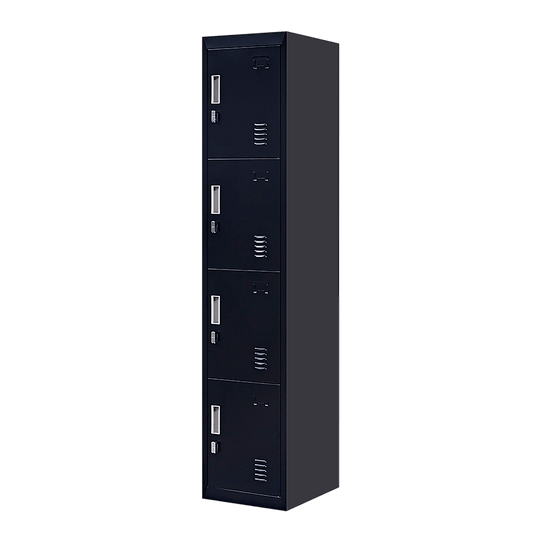 4-door vertical locker in black for office or school storage, affordable and quality design for personal belongings.