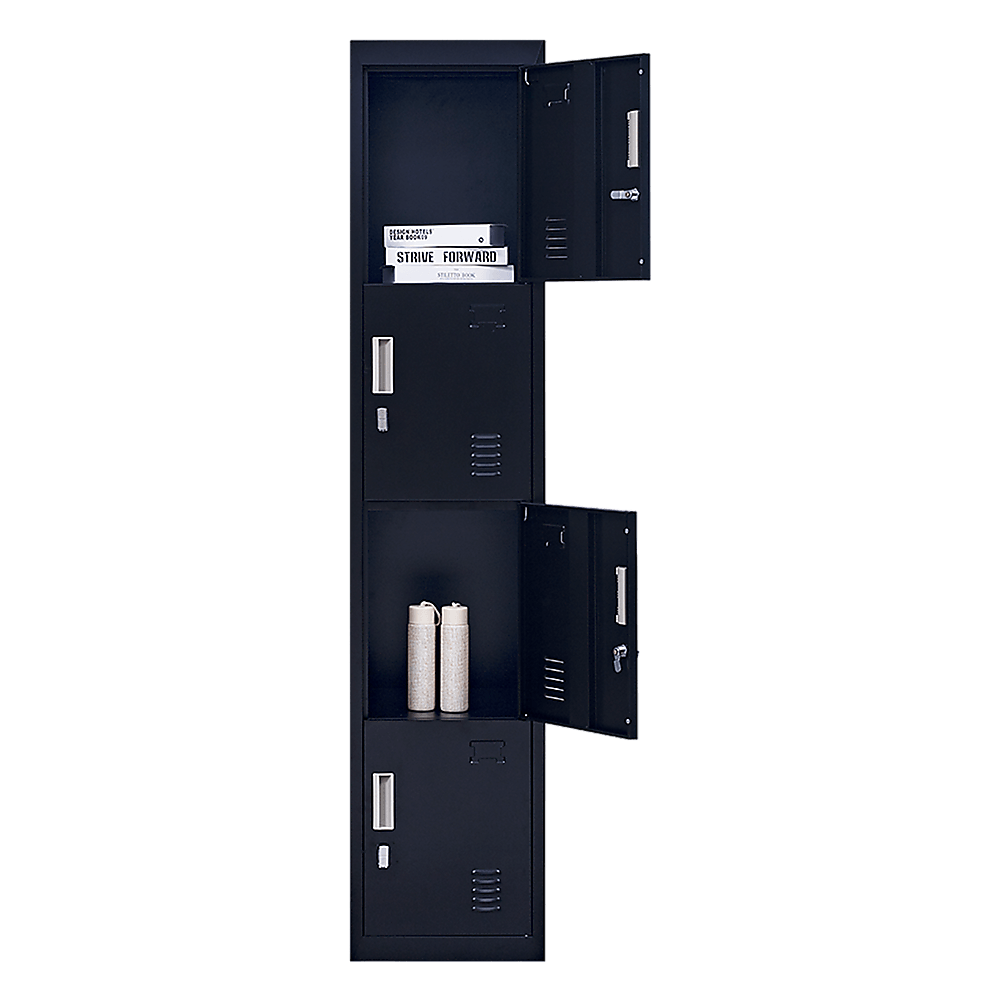 Slim 4-door vertical locker for office, gym, or school storage, featuring padlock locks for security.