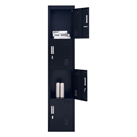 Slim 4-door vertical locker for office, gym, or school storage, featuring padlock locks for security.