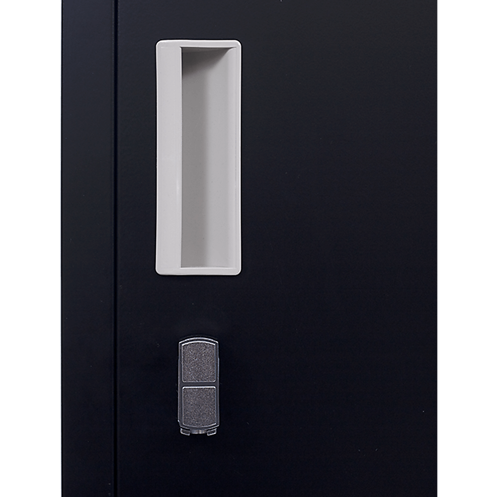 Close-up of 4-Door Vertical Locker door showing padlock and card slot, ideal for affordable school and gym storage solutions.