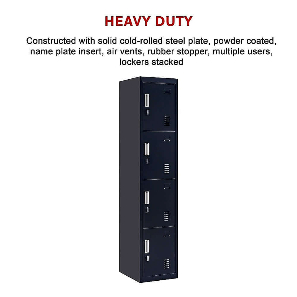 Heavy duty 4-door vertical locker for office, gym, or school; durable steel construction with multiple user capability.