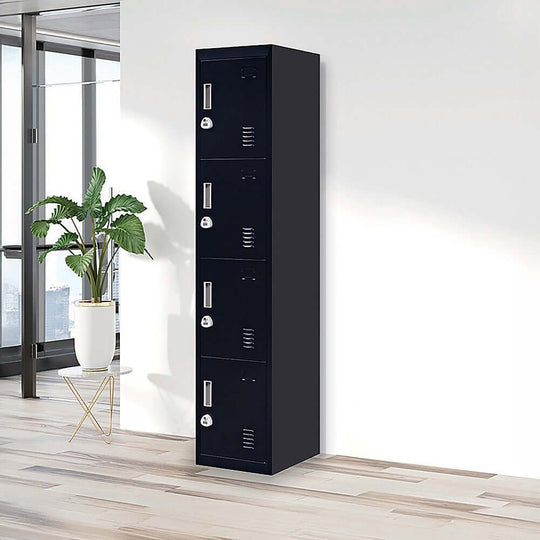 Affordable 4-Door Vertical Locker for school or office storage, featuring quality 3-digit locks and a sleek design.