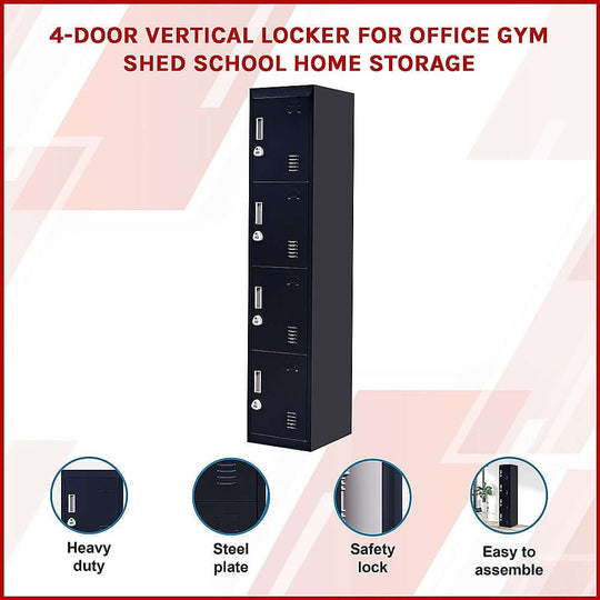 4-door vertical locker for office, gym, and school storage; affordable heavy-duty design with safety lock.