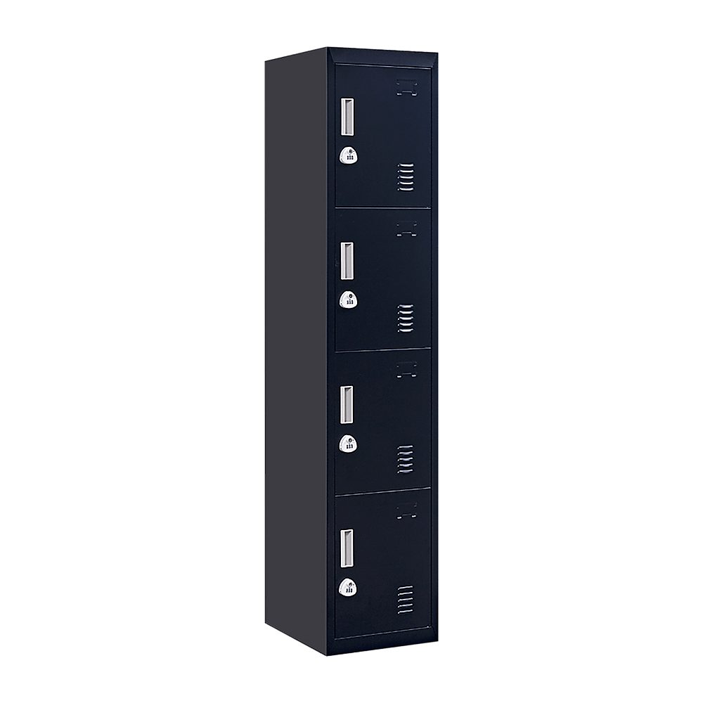 Affordable 4-door vertical locker in black for office, gym, school, and home storage needs.