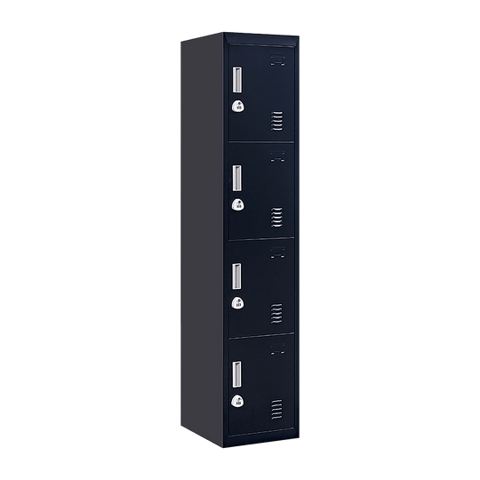 Affordable 4-door vertical locker in black for office, gym, school, and home storage needs.