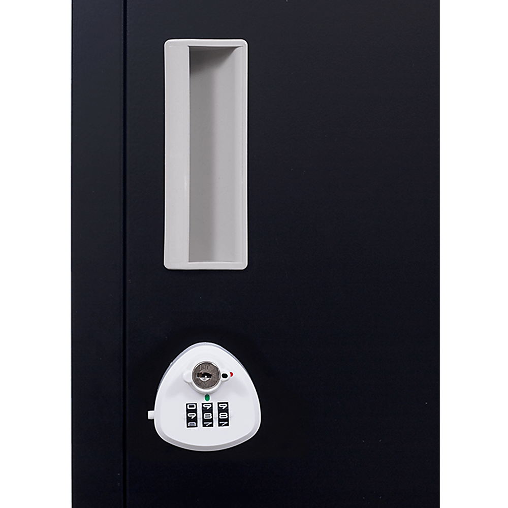 Close-up of a 4-door locker with a 3-digit combination lock and handle, perfect for affordable storage solutions.