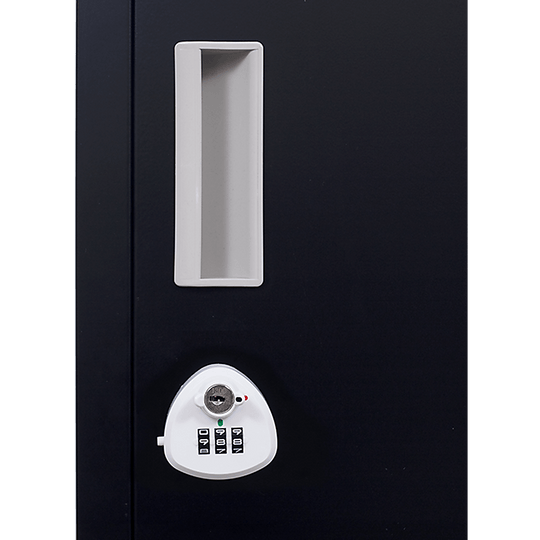 Close-up of a 4-door locker with a 3-digit combination lock and handle, perfect for affordable storage solutions.