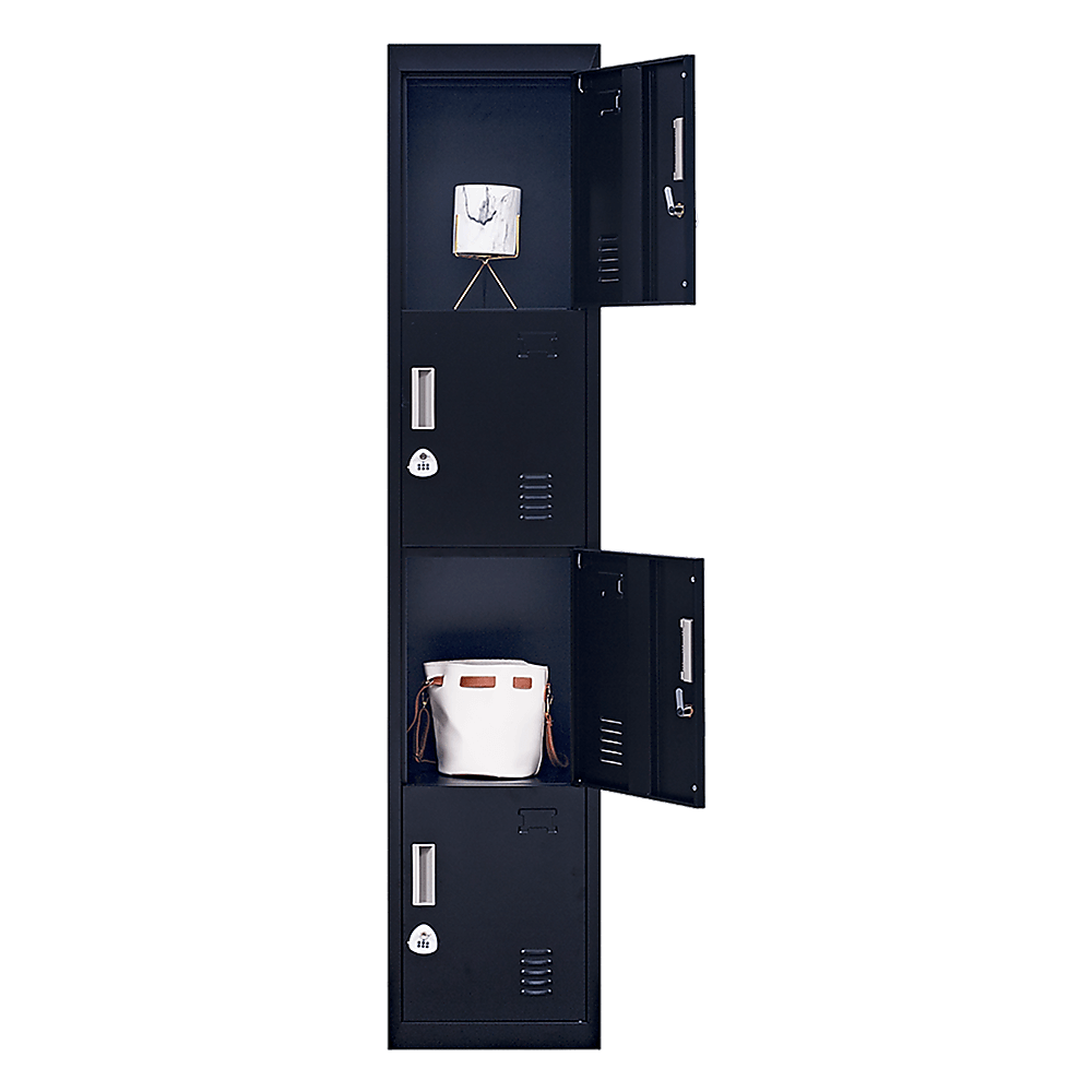 Slim 4-door vertical locker for home, school, or gym storage with combination locks, ideal for personal belongings.