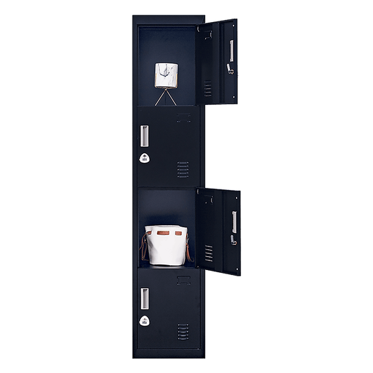 Slim 4-door vertical locker for home, school, or gym storage with combination locks, ideal for personal belongings.