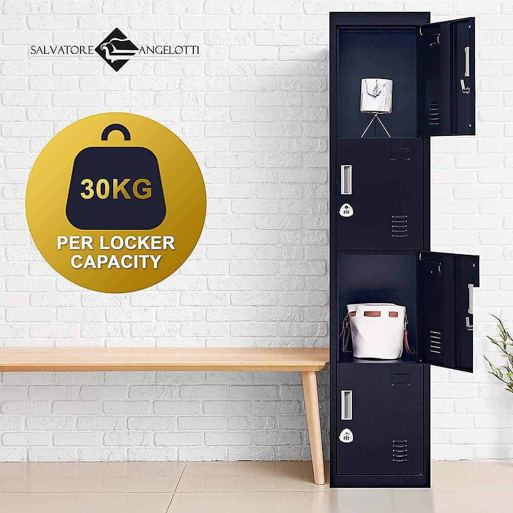 4-Door vertical locker with 30kg capacity per locker for office, gym, or school storage solutions.