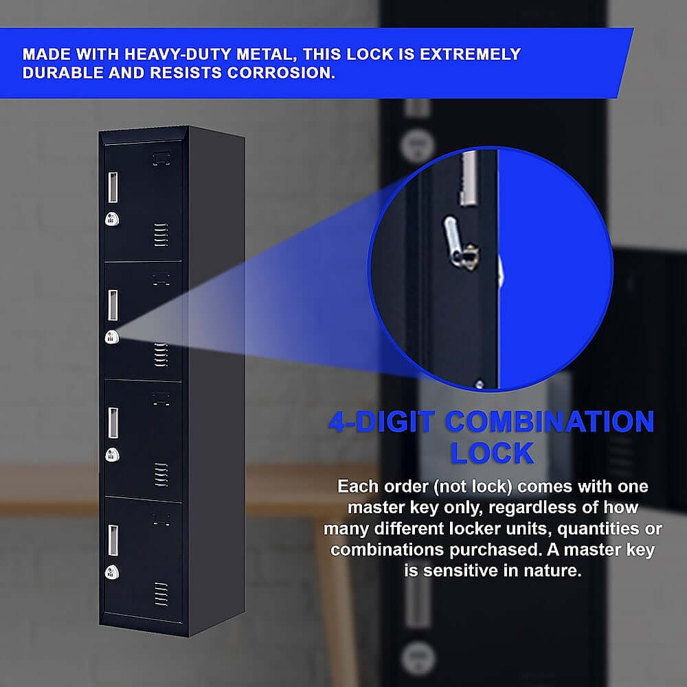 4-Door vertical locker featuring durable 4-digit combination lock for secure storage in office or gym.