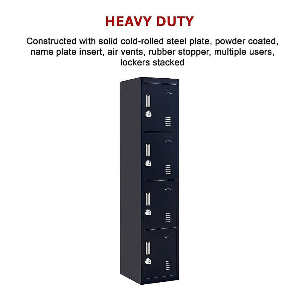 Heavy duty 4-door vertical locker made from durable steel, ideal for office, school, and gym storage solutions.