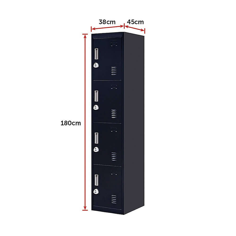 4-Door vertical locker for office, gym, or school storage, featuring a 3-digit combination lock, affordable, quality solution.