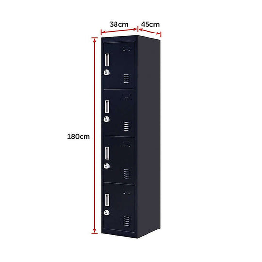 4-Door vertical locker for office, gym, or school storage, featuring a 3-digit combination lock, affordable, quality solution.