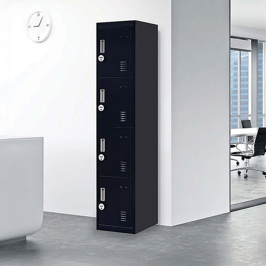 Affordable 4-door vertical locker in a modern office setting for secure storage of personal items.