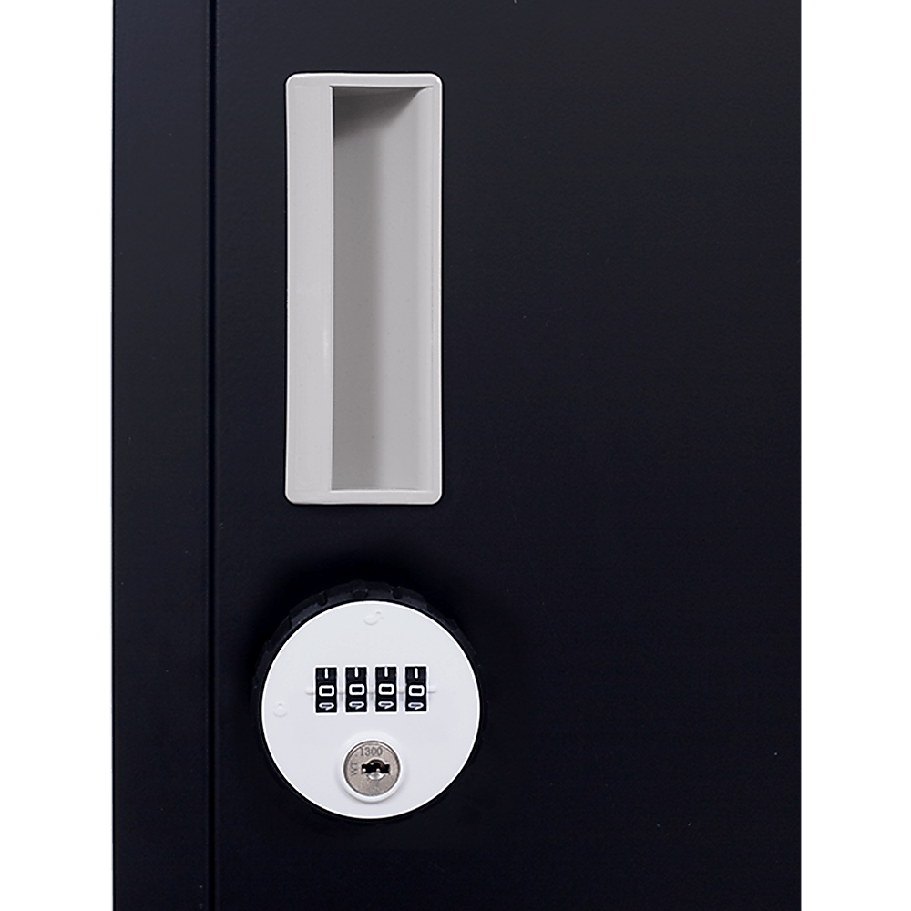 Close-up of a 4-digit combination lock and handle on a vertical locker for secure storage.