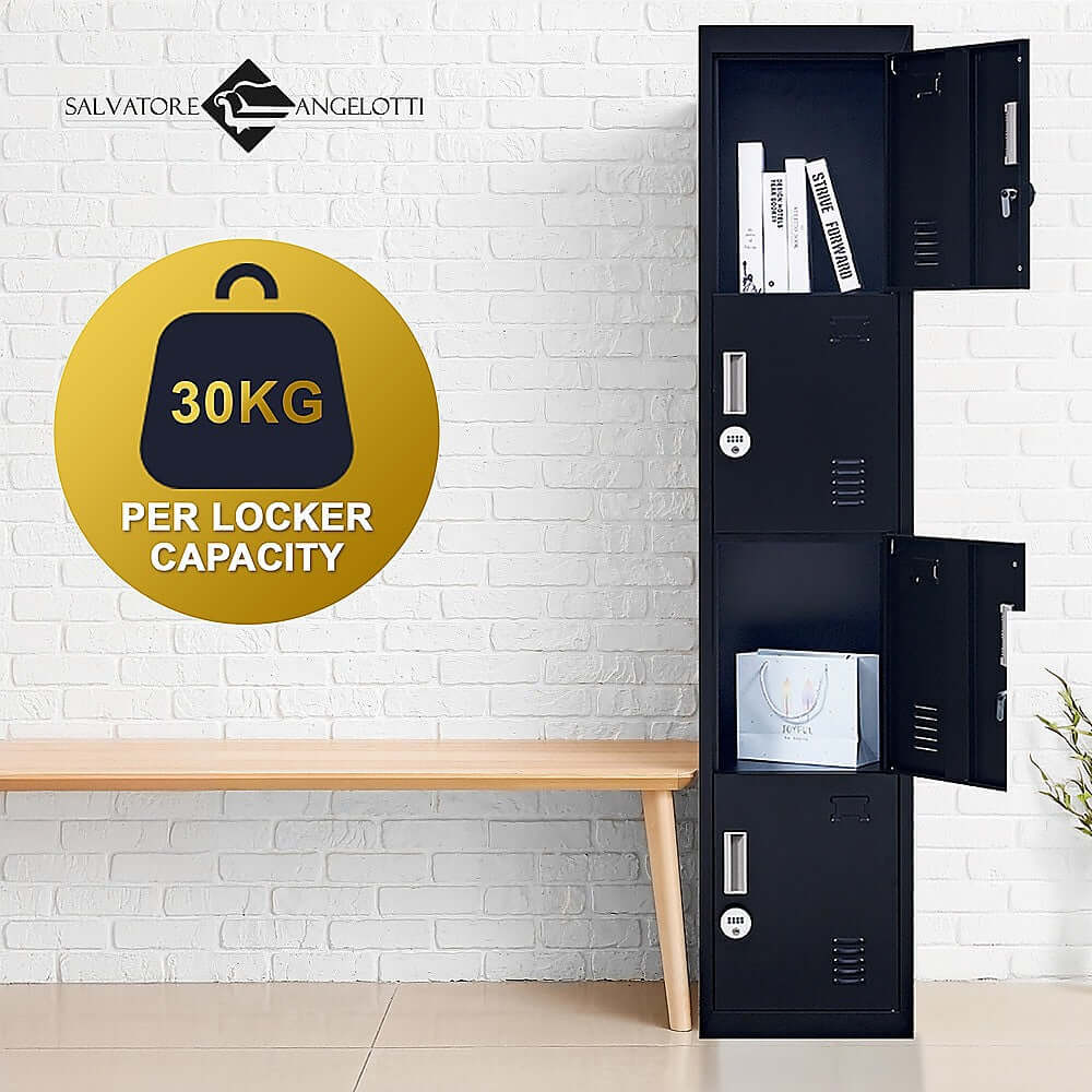 4-door vertical locker with combination lock, 30kg capacity per locker, ideal for office or school storage.