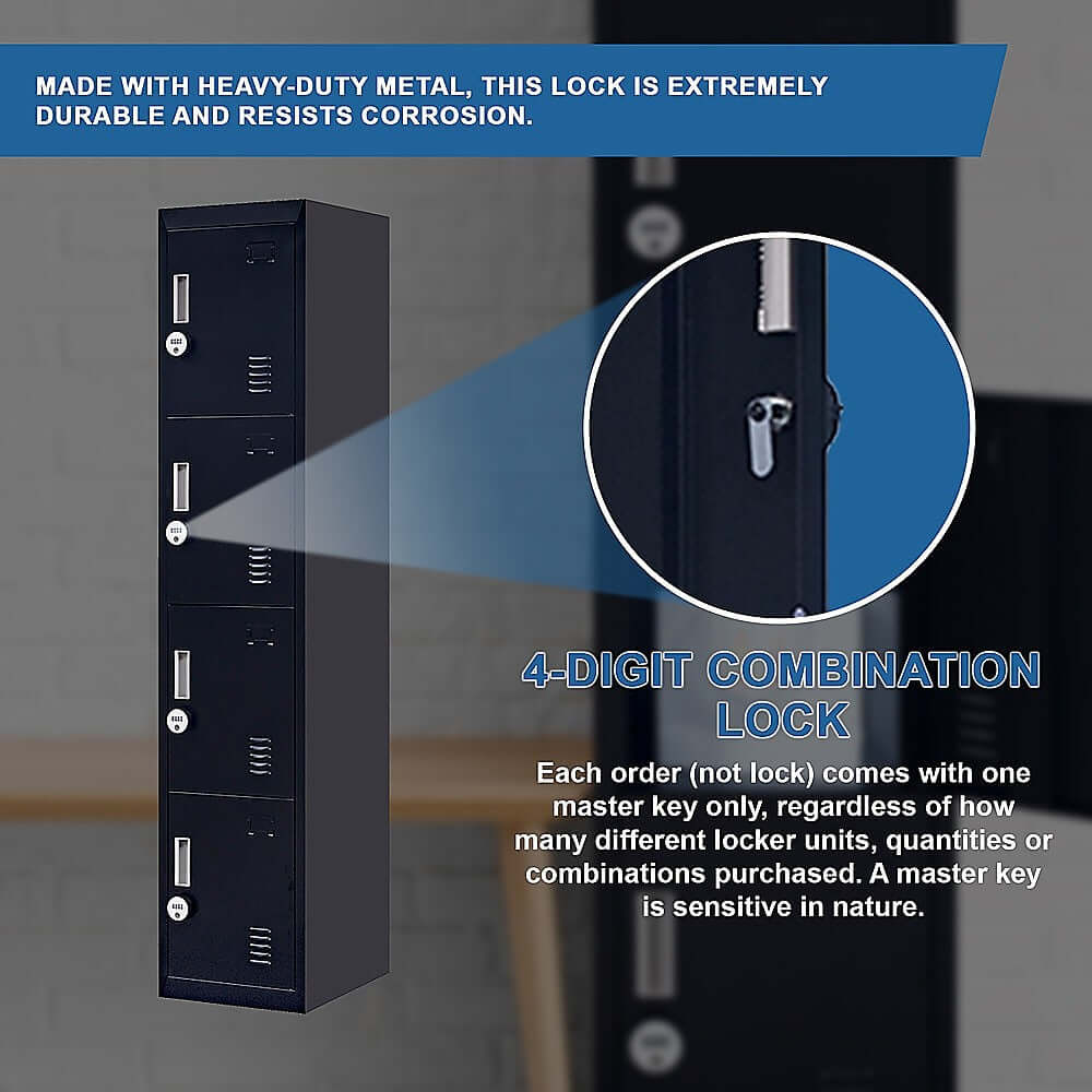 Heavy-duty 4-digit combination lock on a vertical locker, ensuring security and durability for personal storage.