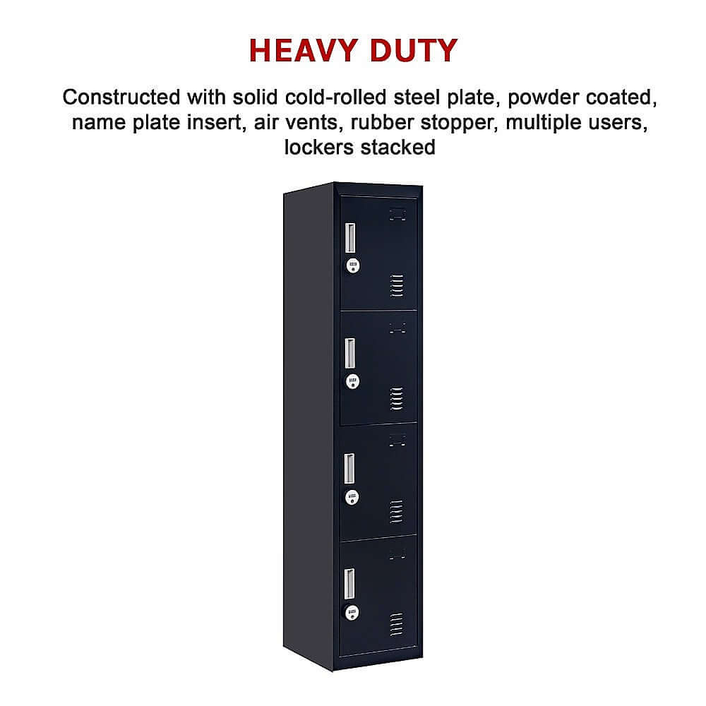 Heavy-duty 4-door vertical locker constructed from durable steel for office, gym, or school storage solutions.