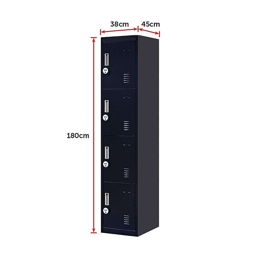 4-Door vertical locker dimensions 180cm high, 38cm wide, and 45cm deep; ideal for office, gym, and school storage.