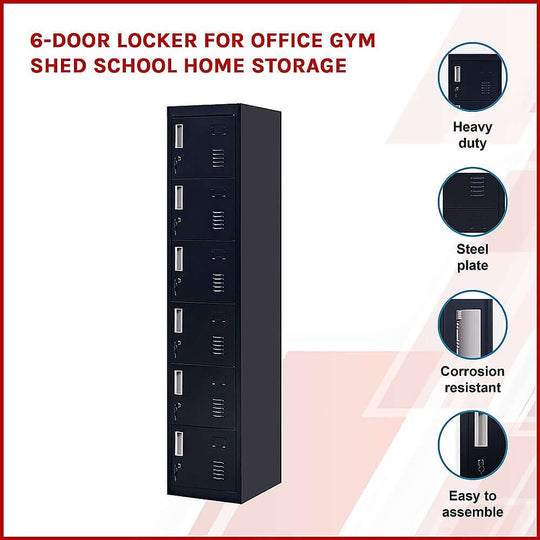 Affordable 6-door locker for office, gym, shed, school storage; durable, heavy duty, easy to assemble, corrosion resistant.