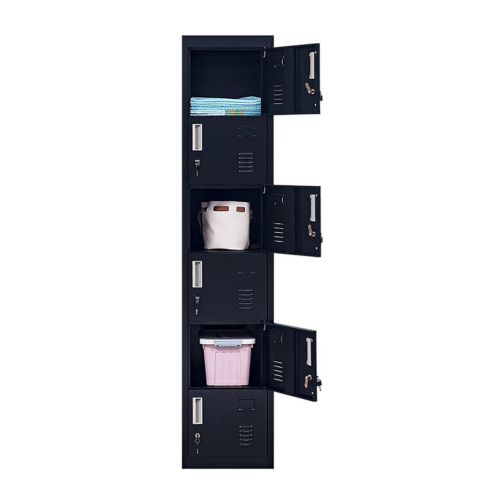 Affordable 6-door locker unit for office, gym, school, and home storage with secure compartments and air vents.