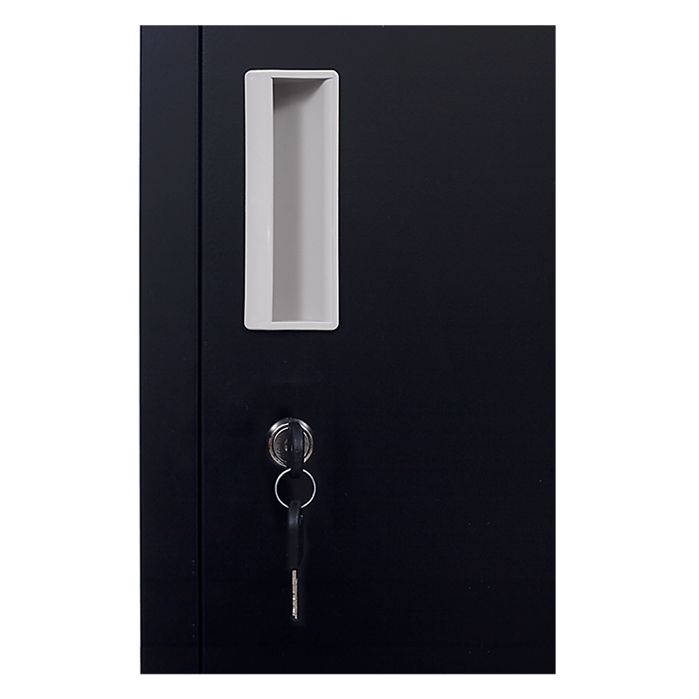 Secure black metal locker door with keyhole and ventilation slot for office or school storage.