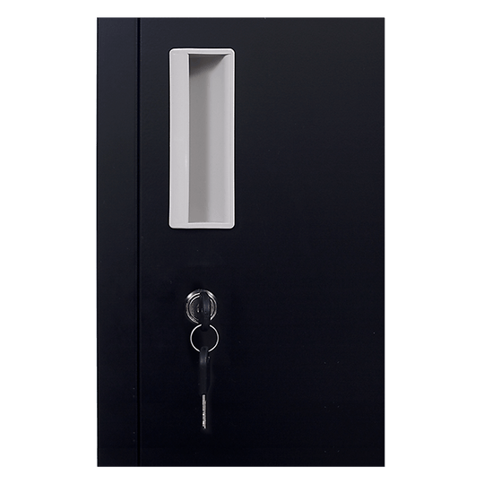 Secure black metal locker door with keyhole and ventilation slot for office or school storage.