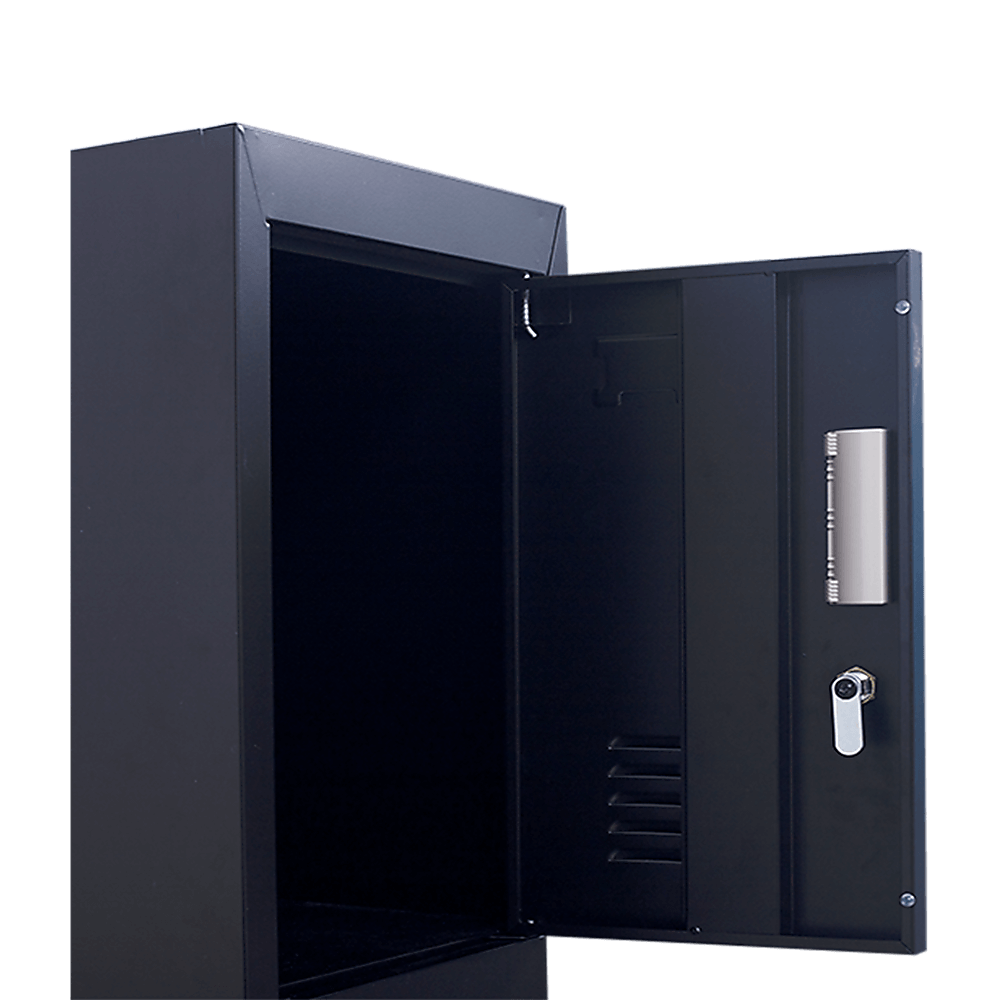 Open black steel locker showcasing interior storage space, ideal for affordable office or school use.