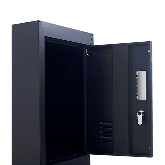 Open black steel locker showcasing interior storage space, ideal for affordable office or school use.