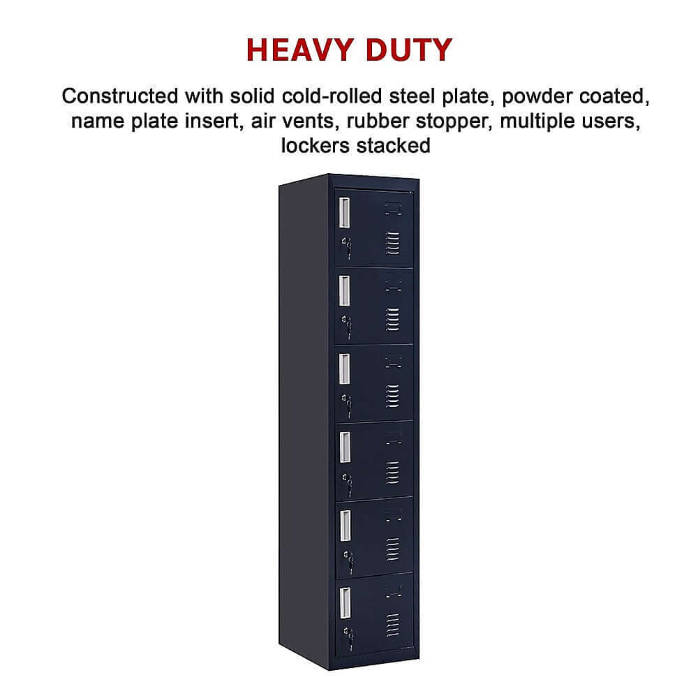 Heavy duty 6-door locker made of durable steel with vents, ideal for affordable storage in offices, gyms, or schools.