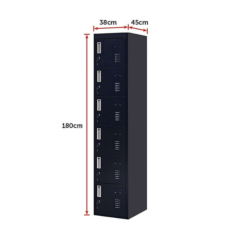 Durable 6-door locker for office, gym, school storage. Affordable, quality, DIY solution. Dimensions: 180x38x45cm.