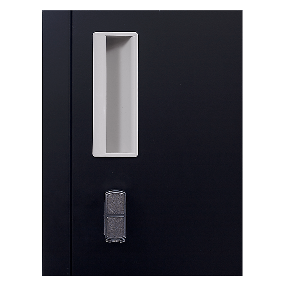 Close-up of a black steel locker door with a ventilation slot and lock handle, ideal for secure storage.