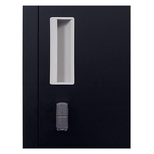 Close-up of a black steel locker door with a ventilation slot and lock handle, ideal for secure storage.